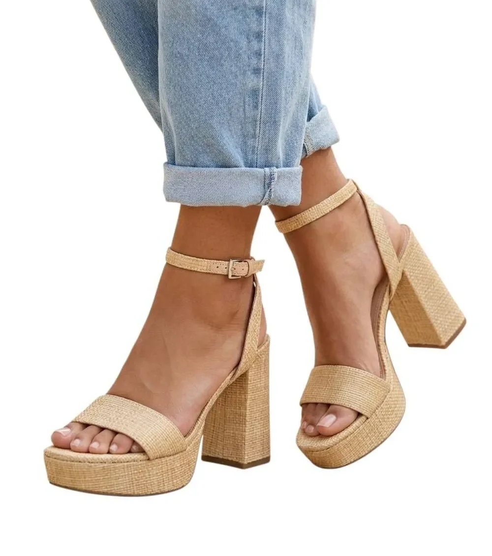 Marc Fisher beige raffia woven basket natural platform sandal heels womens 7.5